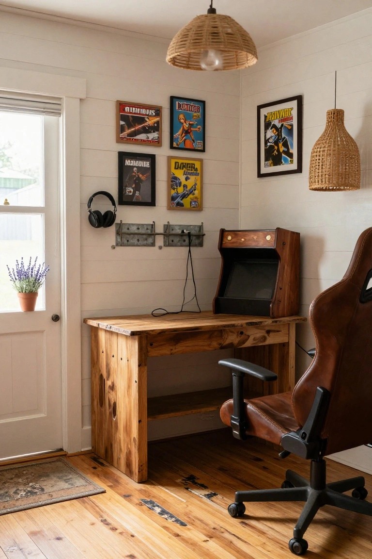 Interior corner of a room with shiplap walls, a rough wooden desk, brown leather gaming chair, wooden arcade machine, gaming posters, headphones on wall hooks, rattan pendant lights, and a potted plant by the window.