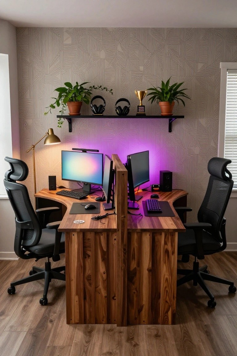 A modern gaming room featuring a large curved wooden desk divided for two workstations with monitors, keyboards, mice, ergonomic chairs, RGB lighting, speakers, plants, headphones, and a trophy on floating shelves against a geometric wallpapered wall.