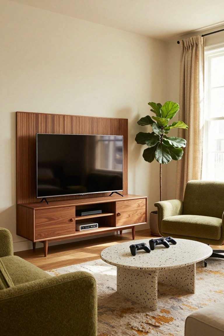 Living room with TV mounted on tall wooden slat wall panel above walnut credenza holding media player, two green armchairs, fiddle leaf fig plant by window with beige curtains, round white terrazzo coffee table with two black PlayStation controllers, and colorful rug on wood floor.