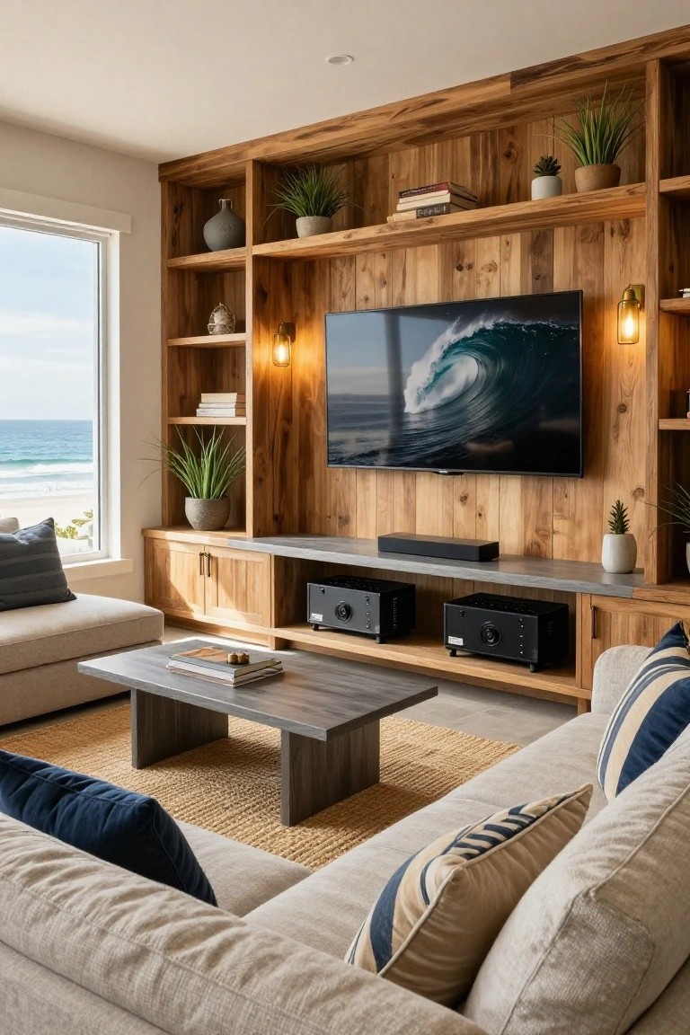 Living room interior with teak wood wall paneling and built-in shelves around a large wall-mounted TV showing ocean waves, media console with black audio equipment below, beige sofa, wood coffee table, plants, and window overlooking beach.
