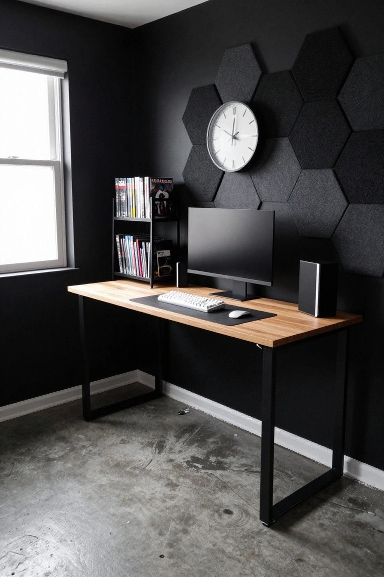 A wooden-top desk with black metal legs in a black-walled room featuring hexagonal acoustic panels, a computer monitor, keyboard, mouse, speakers, and media shelves.