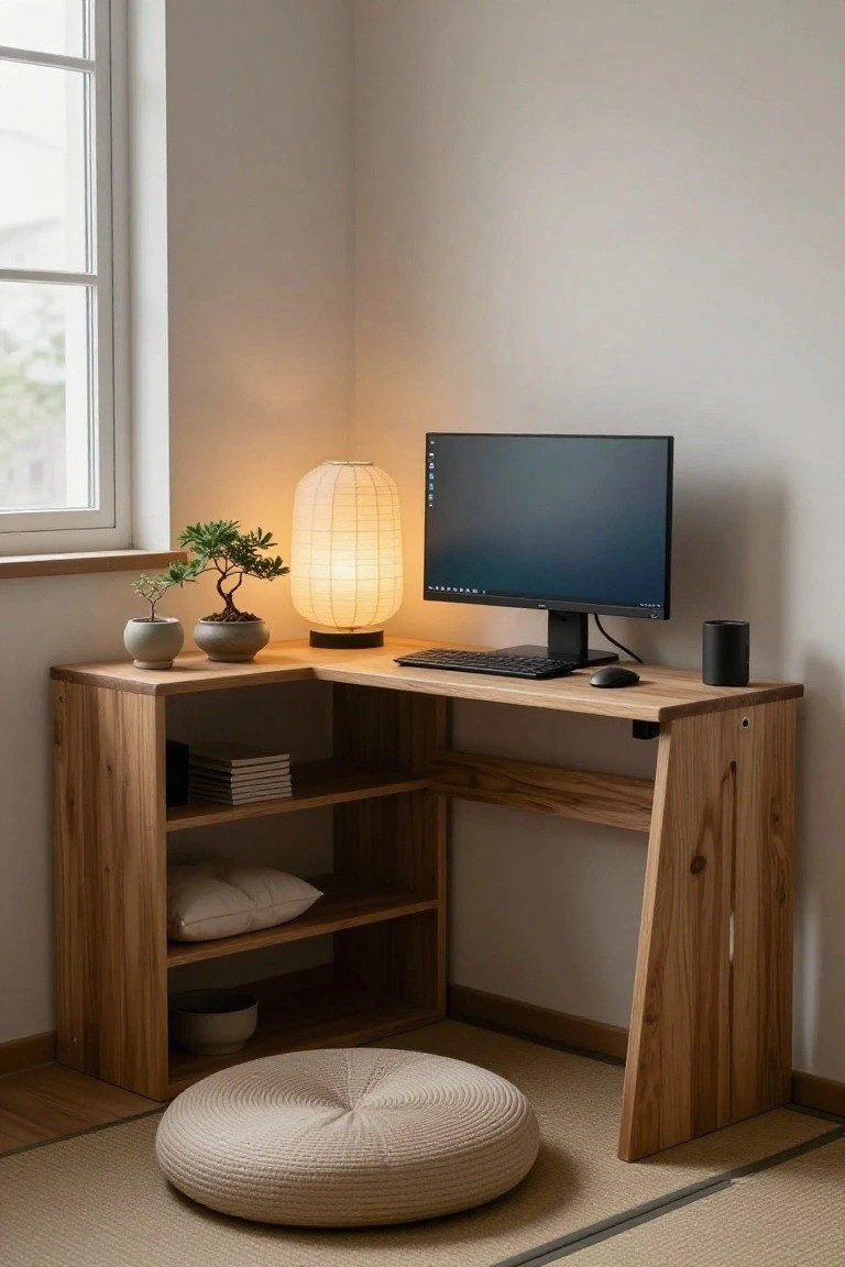 Wooden corner desk with integrated shelves holding books and a pillow, topped with a computer monitor, keyboard, mouse, bonsai plants, and paper lantern, next to a floor cushion on tatami matting in a light room with window.