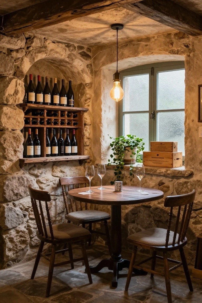 Stone-walled basement room featuring wooden built-in wine racks filled with red wine bottles, a round wooden table set with wine glasses, wooden chairs, potted plant, and wooden wine crates on a ledge near a small window.