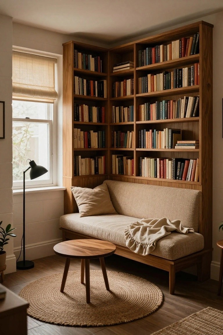 Corner of a room with tall wooden bookshelves on two walls filled with books, a beige cushioned bench seat with pillows and blanket, small round wooden table, black floor lamp, seagrass rug, and window with linen blind.