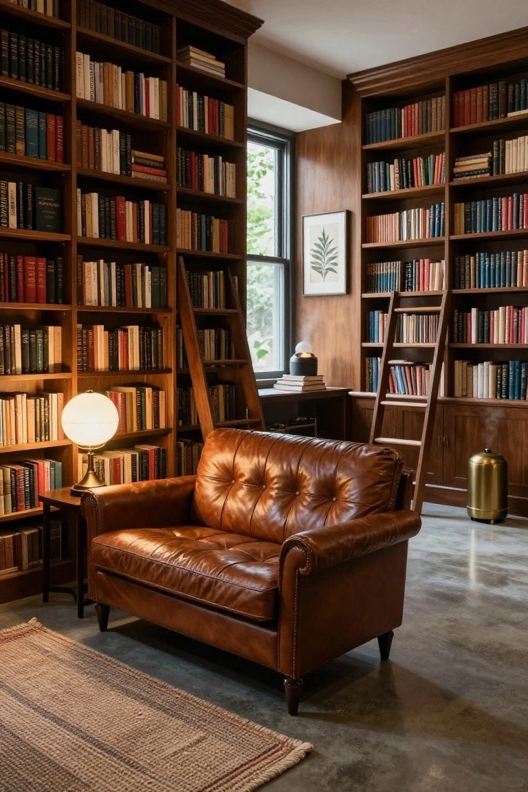 Wood-paneled library interior with floor-to-ceiling bookshelves filled with books, brown tufted leather armchair on a rug beside a side table with globe lamp, wooden ladder, and brass humidifier.