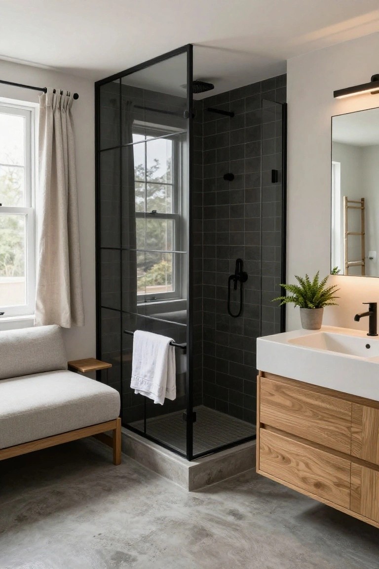 Corner glass shower enclosure with dark rectangular tiles and matte black showerhead in a bathroom with white sink on oak wood vanity, potted fern plant, beige curtains on window, and concrete floor.