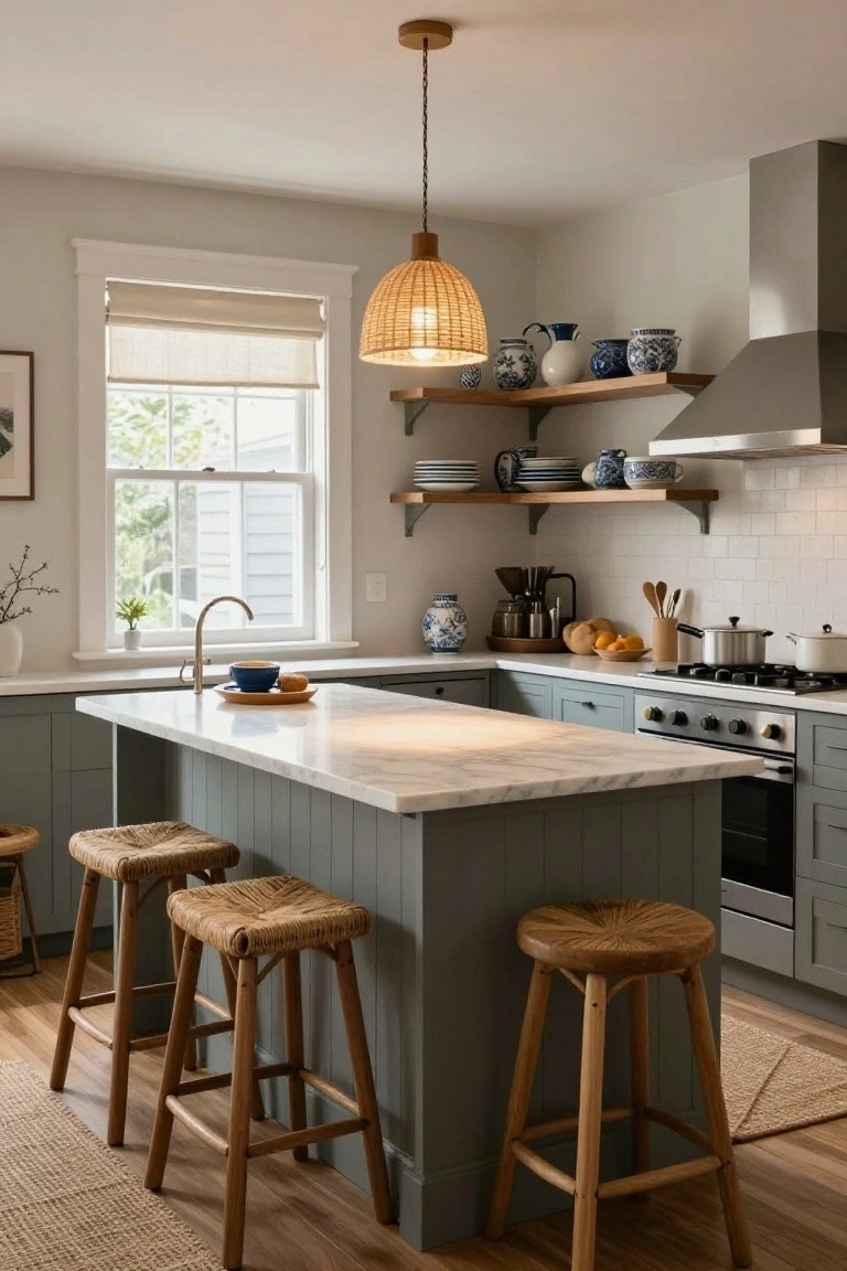 Kitchen with sage green lower cabinets, white marble island and counters, four rattan-wrapped barstools with wood frames, open wood shelves holding blue and white ceramics, woven pendant light, and stainless appliances.