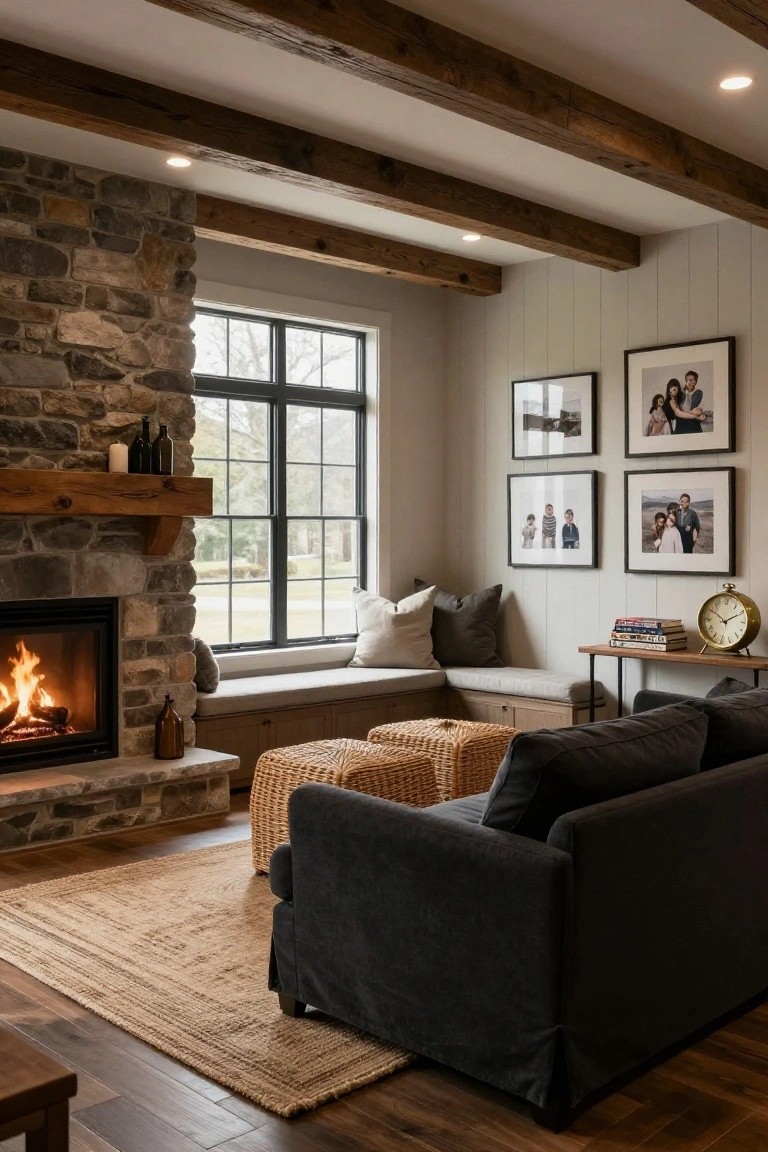 Living room interior with a tall stone fireplace featuring a lit fire and wooden mantel, exposed timber beams on the ceiling, built-in window seat under a large black-framed window, dark gray sofa, woven ottomans, and beige rug on wood floors.