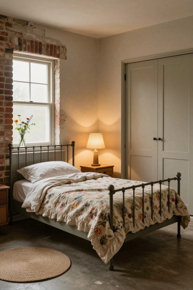 Bedroom with black iron bed frame draped in white sheets and ruffled floral quilt, wooden nightstand with fringed lamp, exposed brick wall with window and vase of flowers, gray wardrobe doors, seagrass rug on concrete floor.