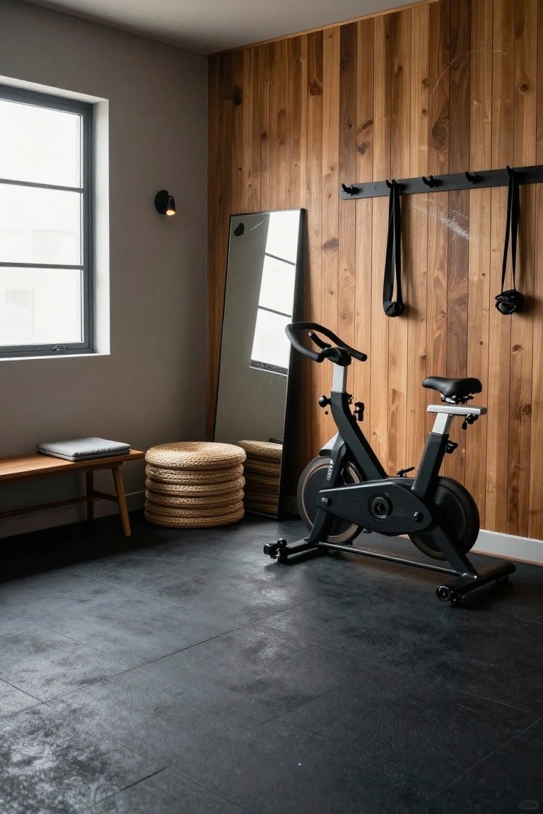 Indoor home gym with vertical warm wood-paneled walls, black spin bike, full-length mirror, wooden bench with gray cushion, stacked rattan stools, and hanging black resistance bands on black rubber flooring.