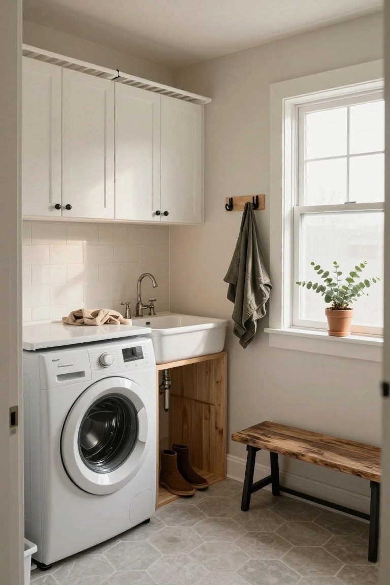 Laundry room with white front-loading washer on wooden platform supporting white farmhouse sink, white shaker cabinets overhead, gray towel on wooden hooks, eucalyptus plant on windowsill, rustic wood bench with brown boots beside it, and gray hexagonal floor tiles.