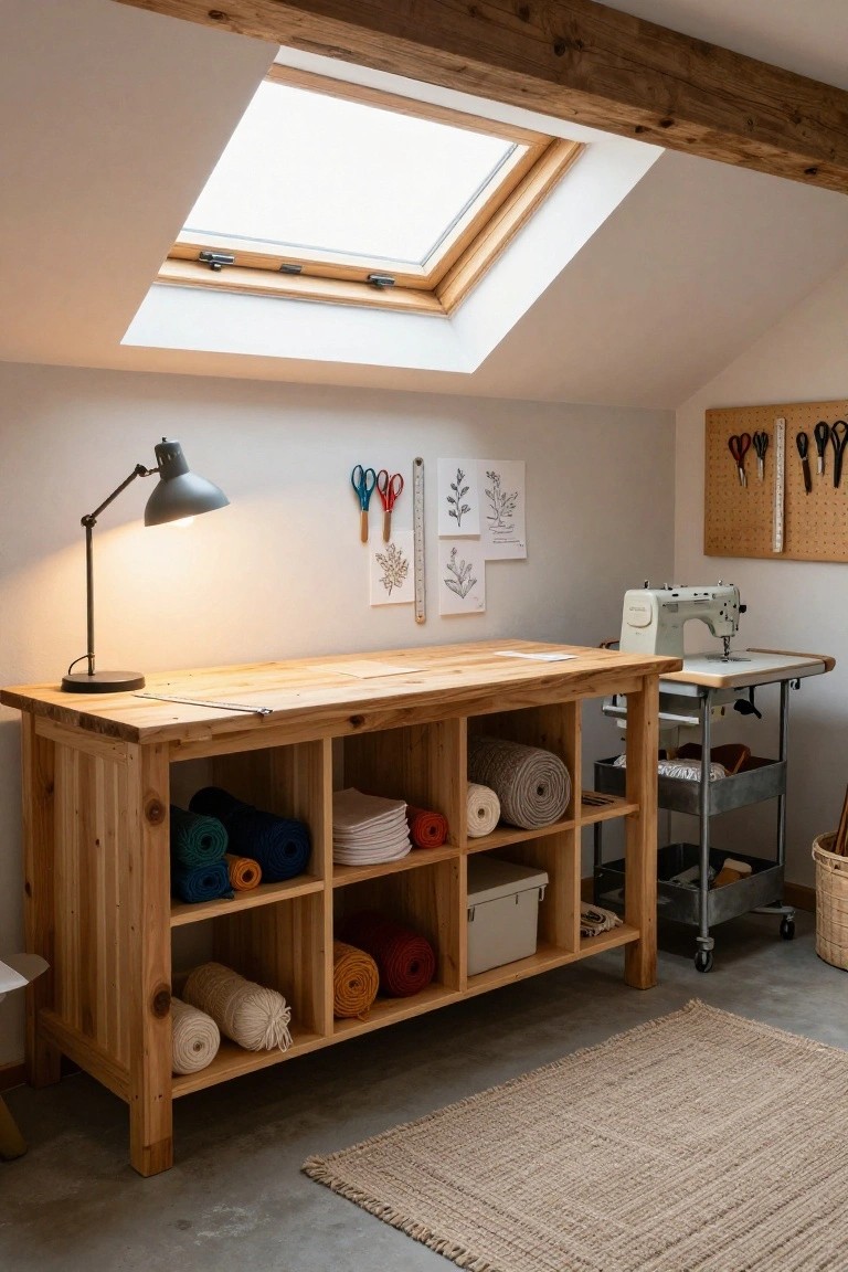 Wooden workbench with open shelves stocked with colorful yarn skeins, folded fabrics, and stacked towels in a craft room with sewing machine, pegboard tools, desk lamp, and skylight.