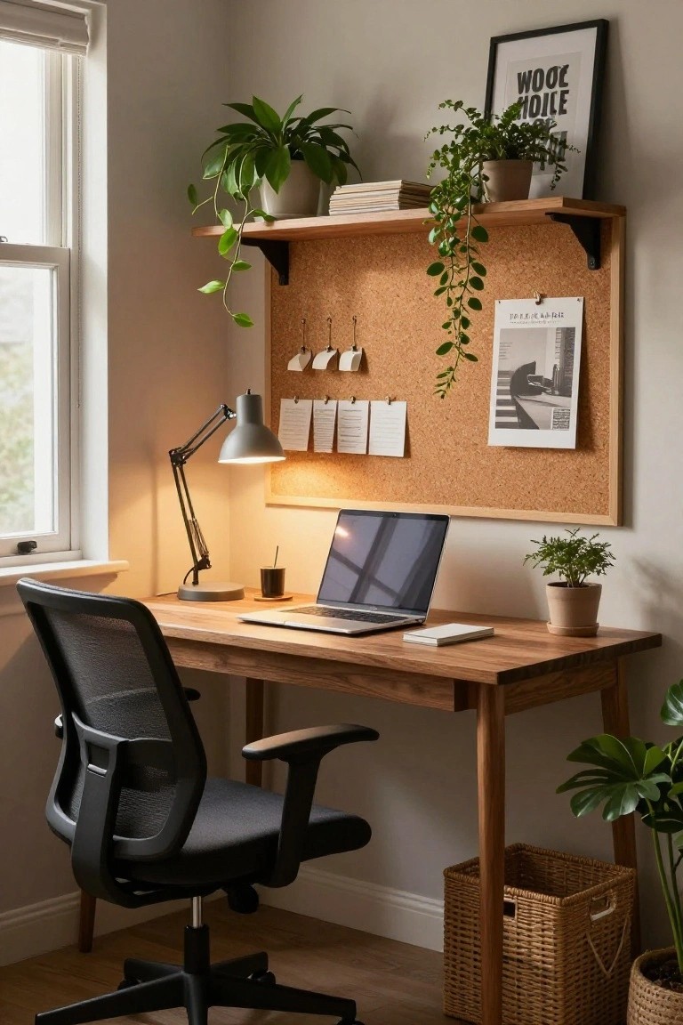 A light-filled home office corner with a wooden desk holding a laptop and desk lamp, a black mesh office chair, corkboard with notes, wooden shelves with books and trailing plants, and several potted plants on the floor and surfaces.