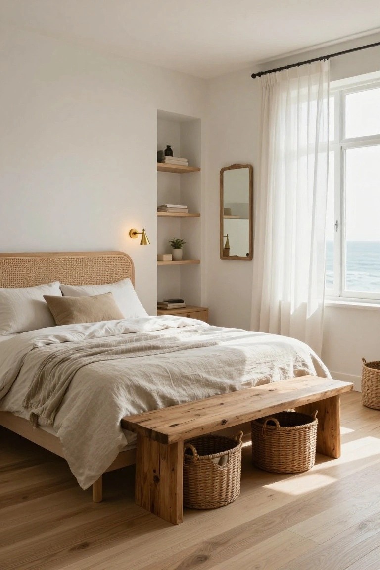 Bright bedroom featuring a bed with rattan headboard and white linen bedding, a wooden bench with two wicker baskets at the foot, built-in wooden shelves with books and plants, a wall sconce, and a large window with sheer curtains overlooking the ocean.