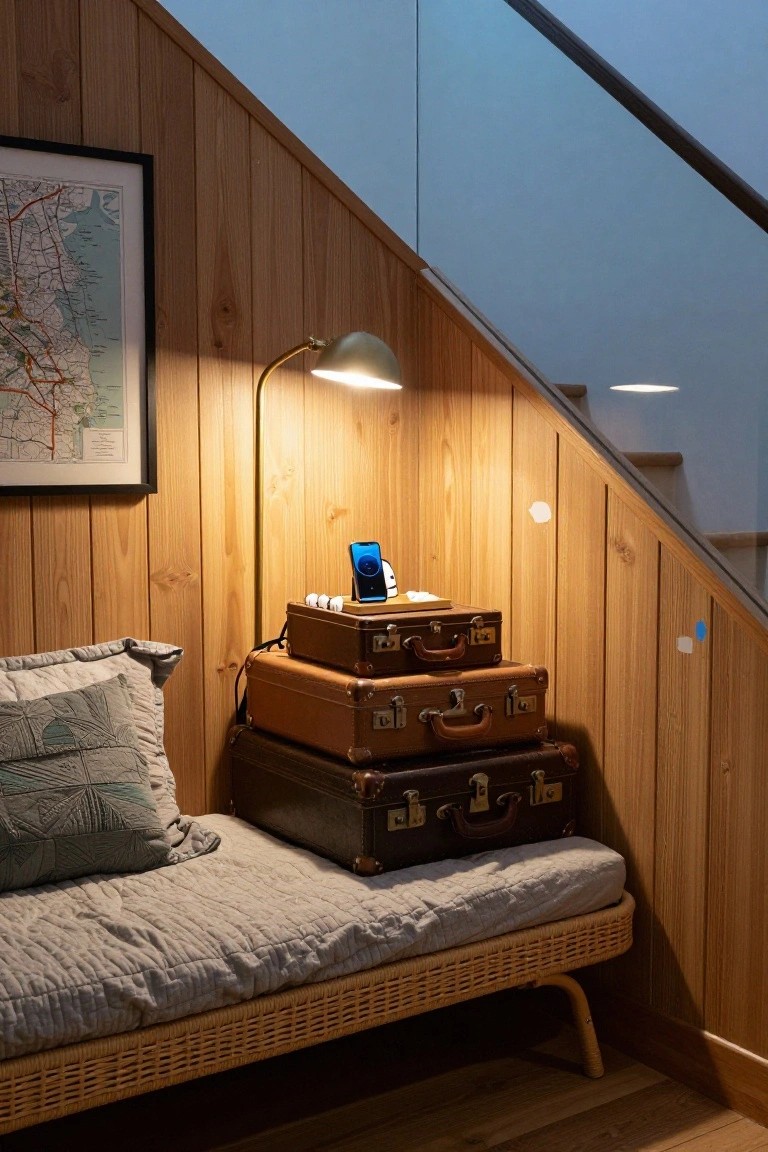 Wooden paneled wall beside glass staircase with rattan bench, gray cushions and pillow, three stacked brown leather suitcases topped with brass lamp, white charger, and blue phone screen.
