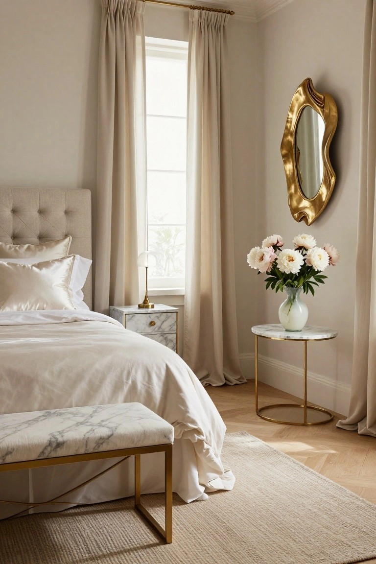 Cozy bedroom with light beige walls, tufted fabric headboard on bed with satin pillows and white duvet, marble nightstand with brass lamp, gold side table holding vase of white peonies, marble-top bench at bed foot, irregular gold mirror on wall, and sheer curtains at window.