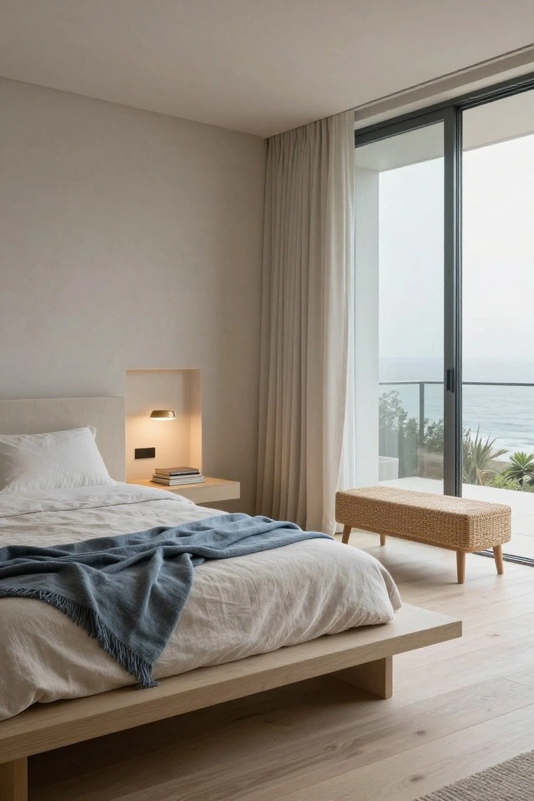 Modern minimalist bedroom with low wooden platform bed, white linen sheets and blue throw, built-in wall niche with lamp and books, rattan bench, and sliding glass doors overlooking the ocean.