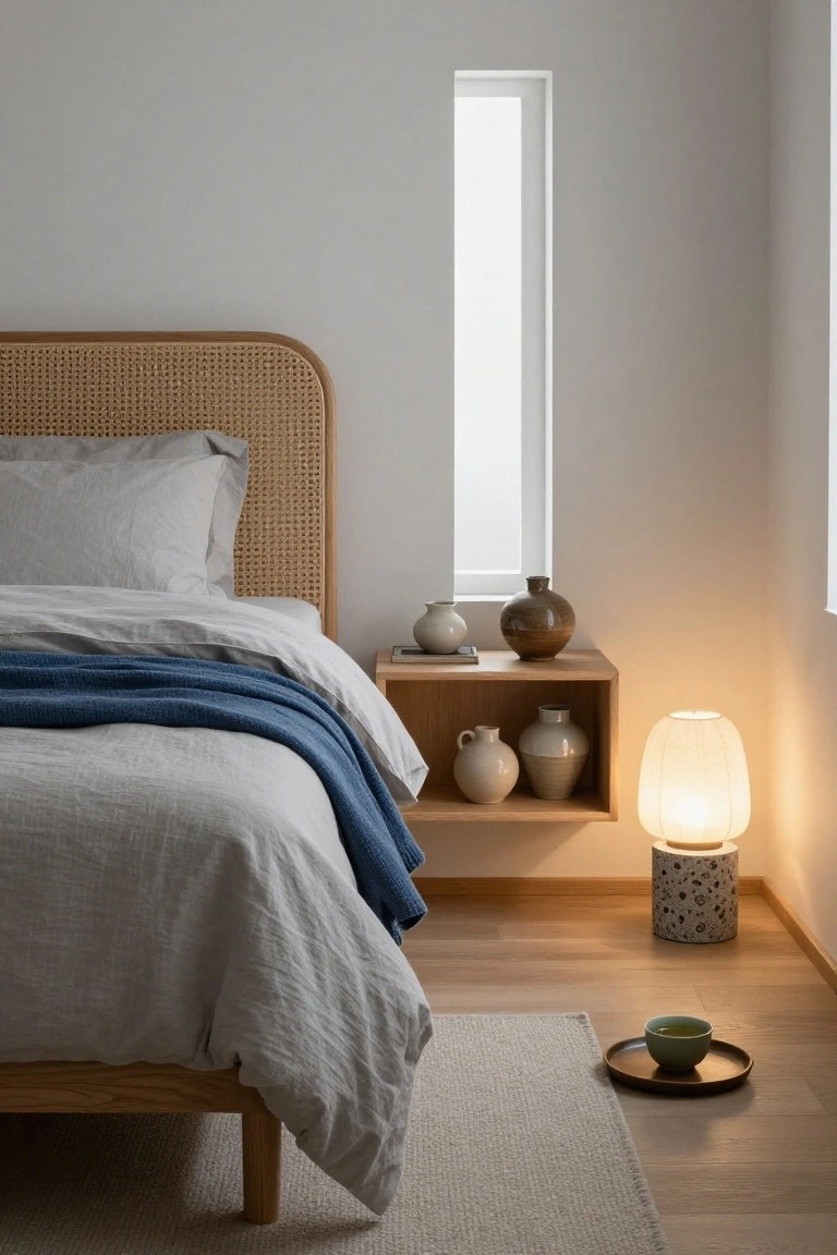 Bedroom corner with wooden bed frame and rattan headboard, gray linen bedding with blue throw, floating wooden shelf nightstand holding ceramic vases and paper lamp, tall window, light wood floor, and beige rug.