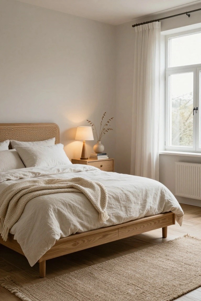 A bedroom corner with a bed featuring rattan headboard and oak frame draped in white linen bedding and knit throw, wooden nightstand holding lamp vase and books, sheer curtains on window with radiator below, and seagrass rug on wood floor.