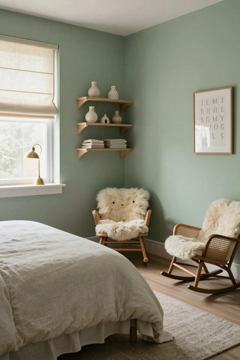 Corner of a sage green bedroom with a white linen bed, two rattan rocking chairs topped with fluffy white sheepskin, wooden floating shelves holding white ceramics and folded towels, a brass desk lamp, and a window covered by beige linen blinds.