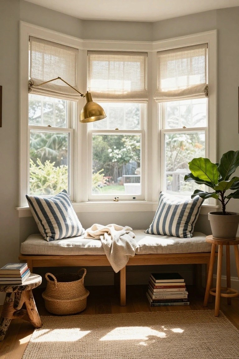 Bay window with sheer linen roman shades, a wooden bench topped with blue striped pillows and a white throw blanket, books stacked below the bench, a potted fiddle leaf fig plant, and a seagrass basket on a side table in a light wood floor room.