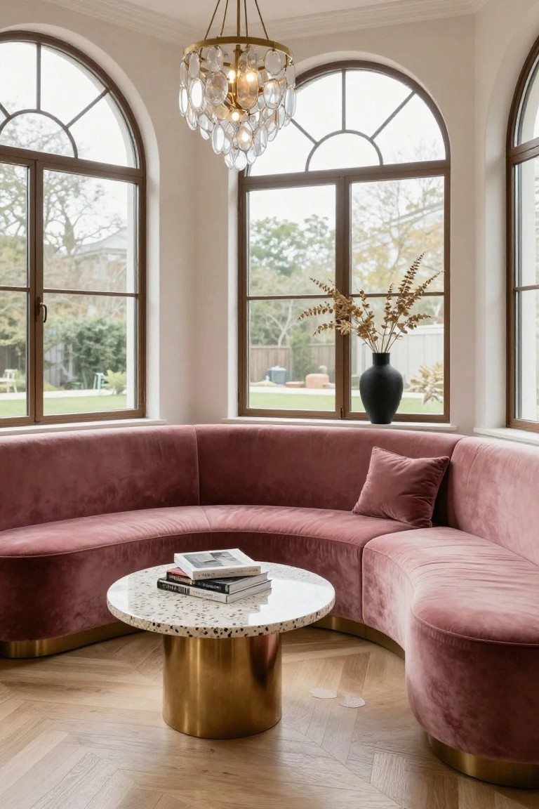 Curved pink velvet sofa in a sunroom bay with arched windows, gold-based white terrazzo coffee table, crystal chandelier, black vase with dried branches, and oak herringbone floor.