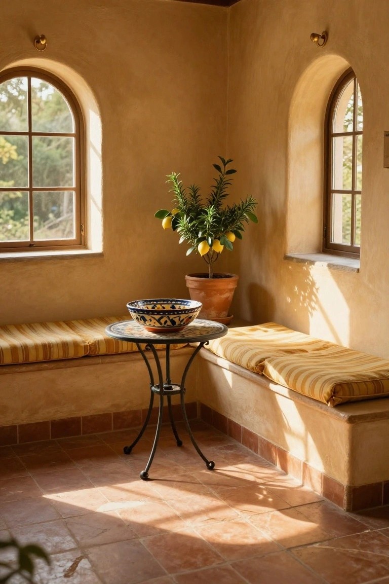 Sunlit room corner with beige walls, two arched windows showing trees outside, lemon tree in terracotta pot, blue-and-white bowl on black metal round table next to built-in bench with yellow striped cushions, terracotta tile floor.