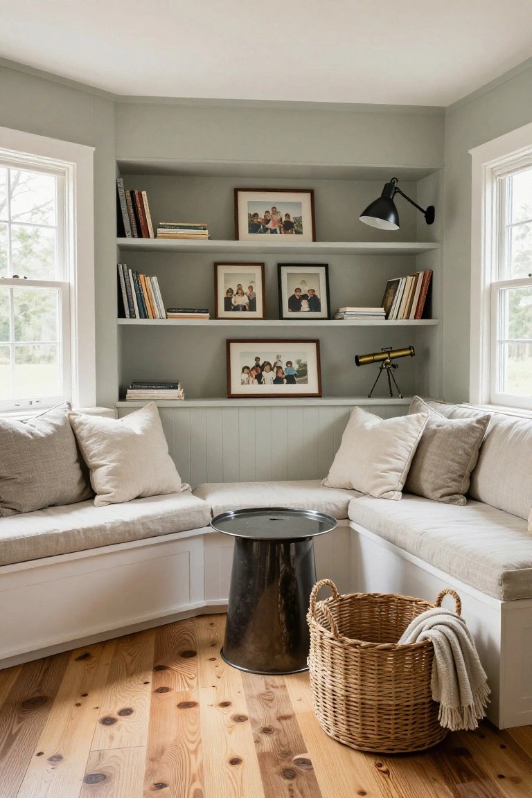 Corner room with light gray walls and white built-in benches upholstered in beige fabric, bookshelves above holding books and framed family photos, large windows with trees outside, small metal table, brass telescope on shelf, black wall lamp, wicker basket with throw blanket on heart pine floors.