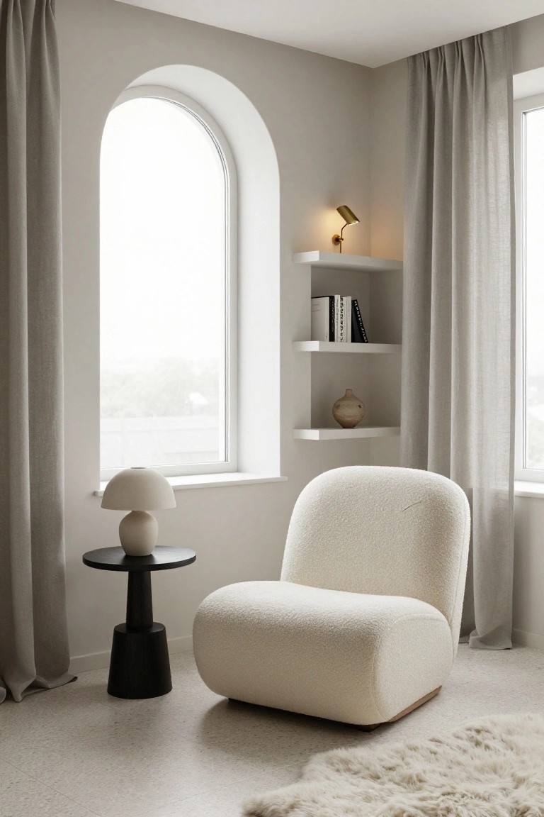 Curved white bouclé armchair next to black pedestal side table with beige mushroom lamp in room corner by large arched window with gray curtains, floating shelves holding books and vase above, cream shag rug on light tile floor.