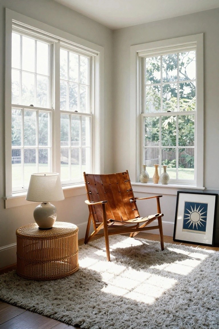 A brown leather sling-back armchair in a light gray corner room with large white-framed double-hung windows overlooking trees and grass, beside a rattan drum table holding a white ceramic lamp, with three ceramic vases on the windowsill, a framed blue sun artwork, and a white shag rug on hardwood floors.