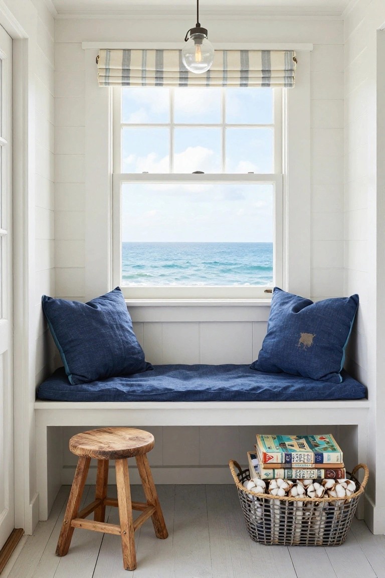 White paneled room with cushioned navy bench under window overlooking ocean, wooden stool, stack of books, and basket of white cotton bolls.
