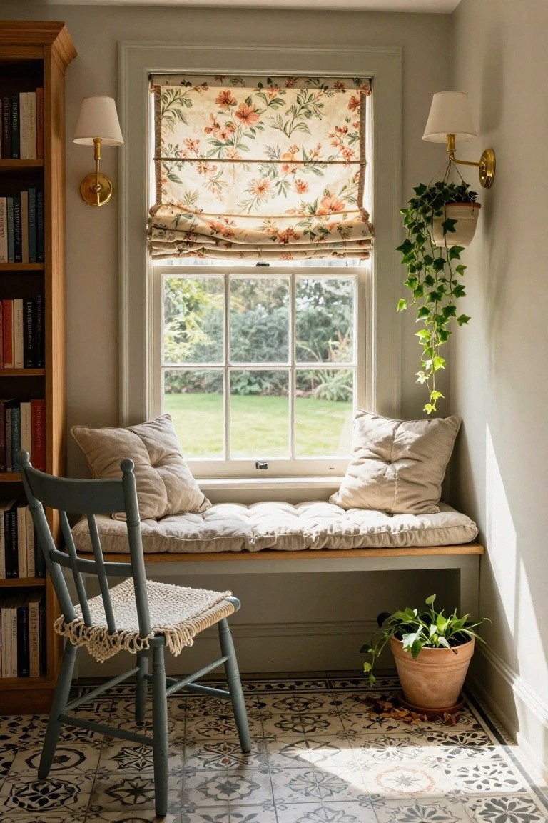Interior view of a reading nook with a cushioned wooden window seat bench, two beige pillows, a wooden chair with woven seat, tall bookshelves filled with books, potted plants, hanging ivy, floral Roman shade on a six-pane window overlooking a green garden and lawn, brass wall sconces, and patterned tile floor.