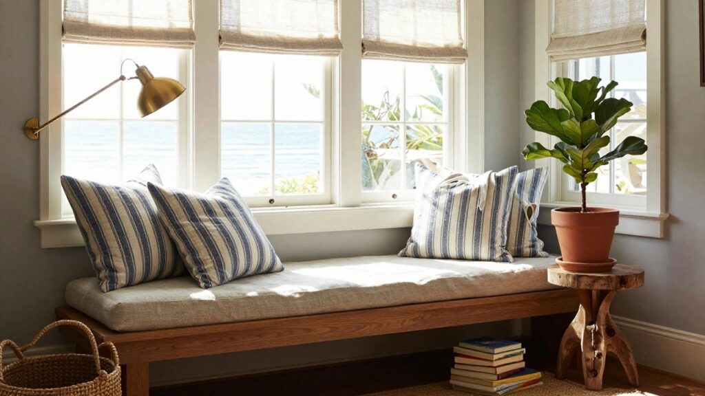 Bay window with sheer linen roman shades, a wooden bench topped with blue striped pillows and a white throw blanket, books stacked below the bench, a potted fiddle leaf fig plant, and a seagrass basket on a side table in a light wood floor room.