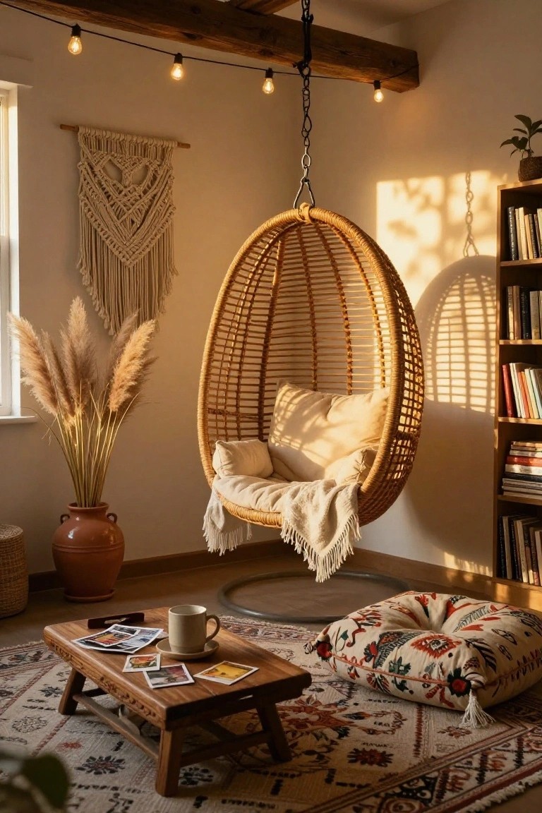 Cozy indoor room with a hanging rattan egg chair containing white cushions and a cream blanket, pampas grass in a terracotta pot, macrame wall hanging, wooden bookshelves, low wooden table holding a mug saucer and polaroid photos, woven rug and floor pillow, string lights overhead, and warm sunlight through window.
