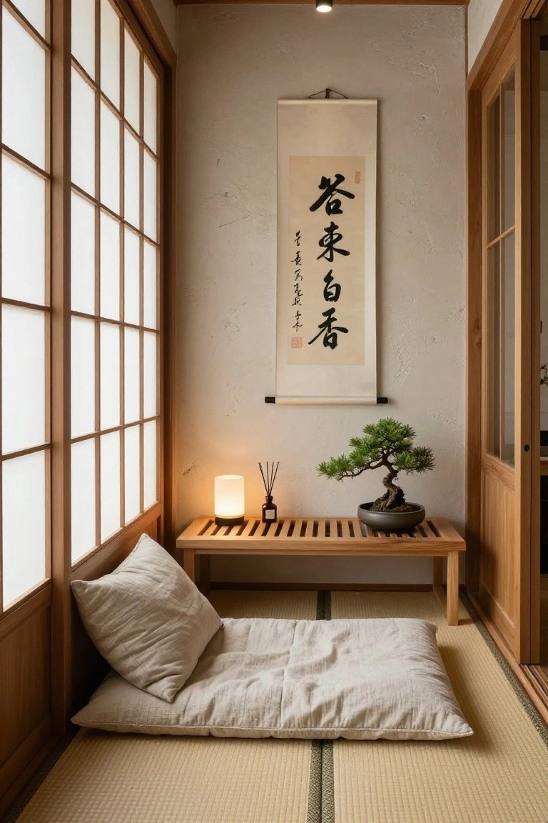 Japanese-style interior room with shoji screen windows on one wall, tatami mat flooring, low wooden bench holding a bonsai tree in a gray pot and a white lamp with reed diffuser, beige futon cushions on the floor, and a hanging calligraphy scroll on the wall.