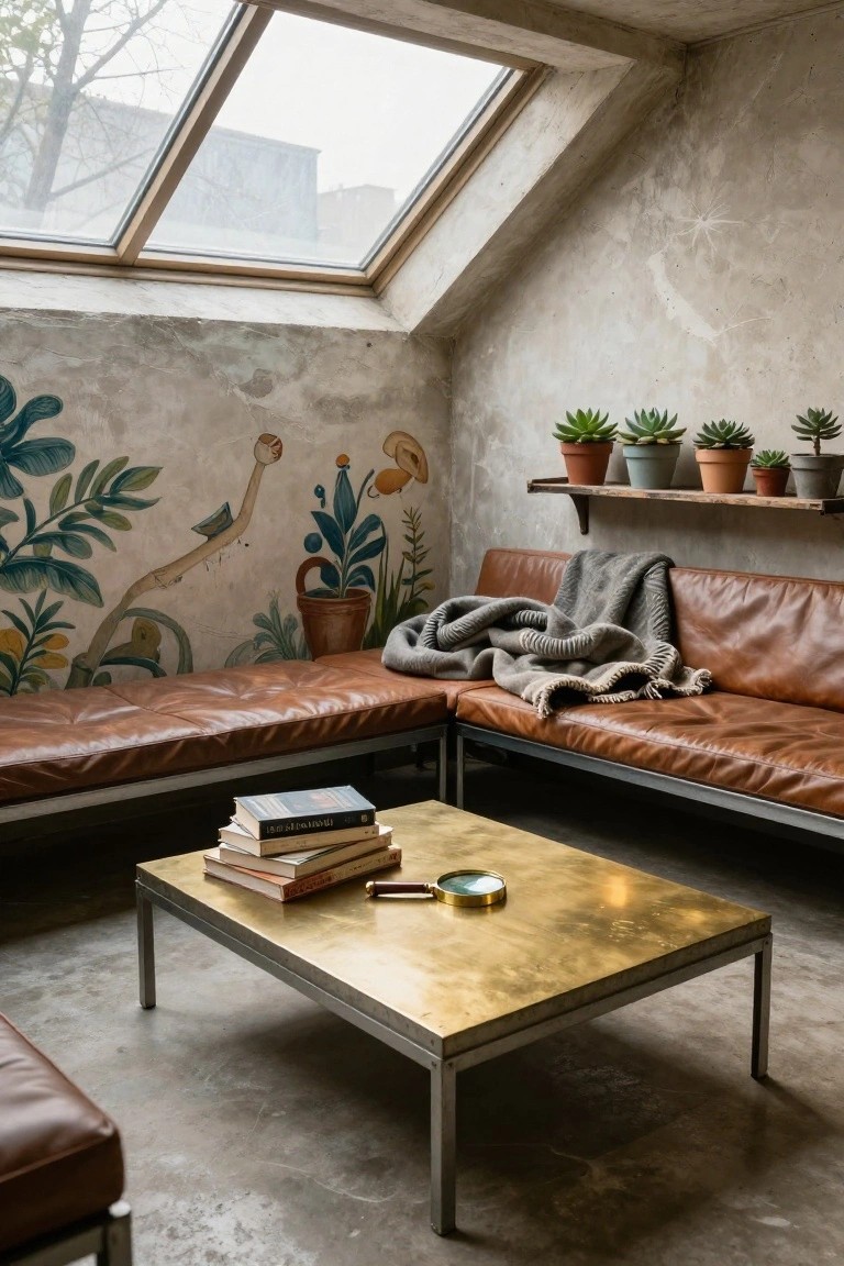 Loft-like interior room with skylights, colorful plant mural on plaster walls, shelves holding potted succulents, L-shaped tan leather benches with gray throw blanket, and brass square coffee table with stacked books and magnifying glass.