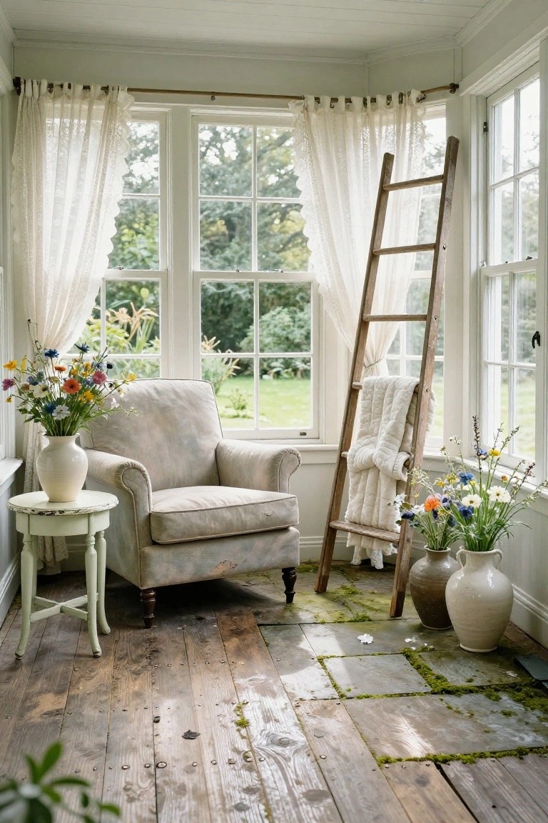 Sunroom reading nook with beige armchair beside small white table holding vase of wildflowers, wooden ladder draped with white blanket leaning near windows with sheer curtains, additional flower vases on floor, view of green garden outside.