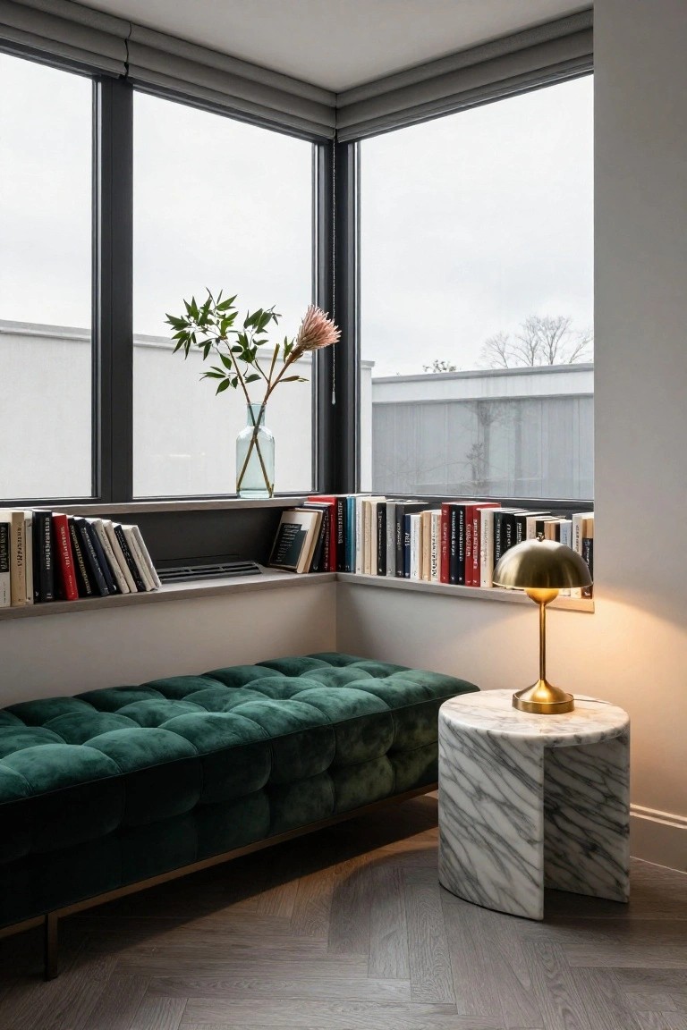 Corner interior with large corner windows, books on gray window ledge, green tufted bench, white marble pedestal table with gold lamp, potted plant, and gray herringbone floor.