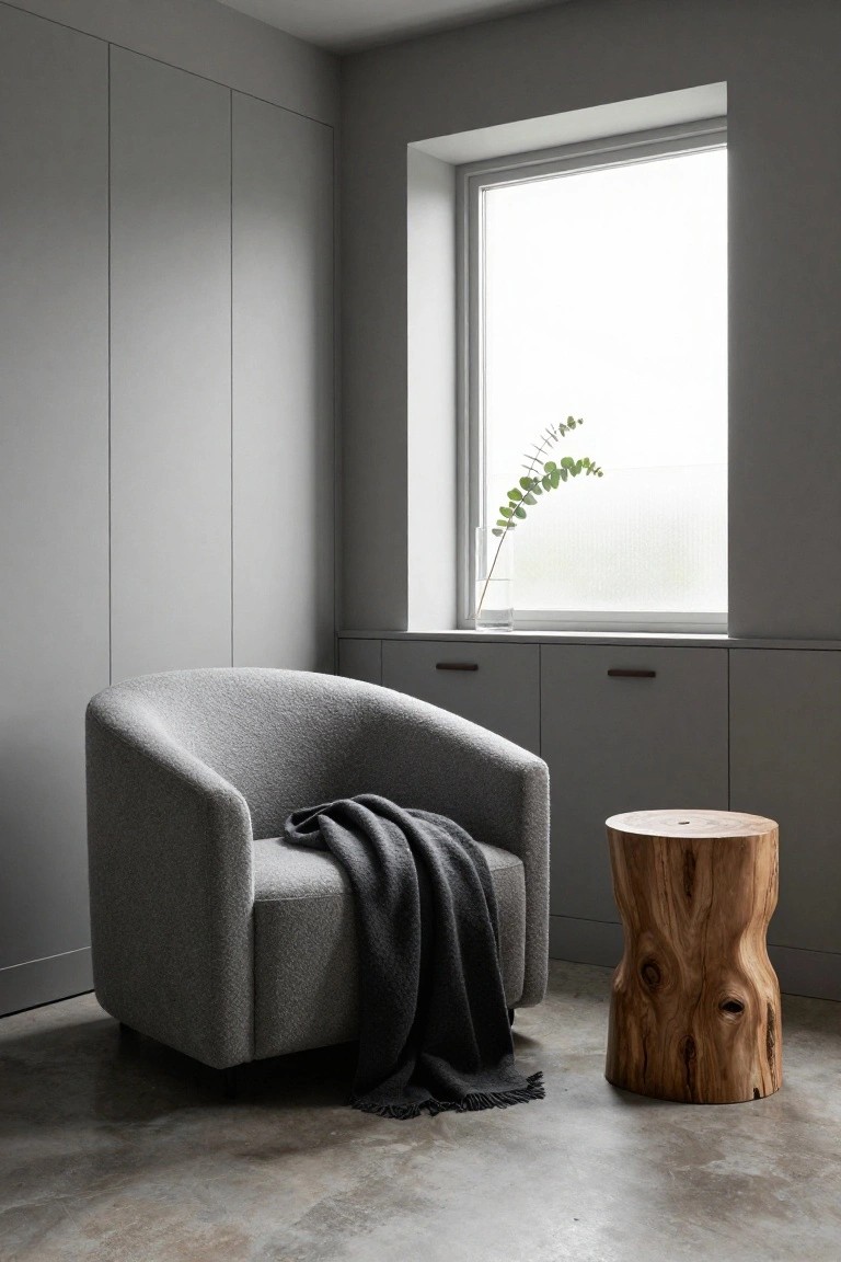 Curved gray upholstered armchair with dark blanket draped over arm, next to natural wood stump stool, in minimalist gray room with built-in cabinets and large window holding eucalyptus sprig.