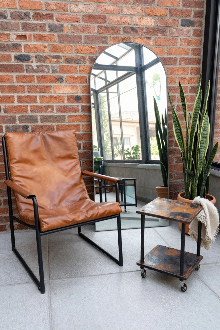 Tan leather sling armchair with black metal frame in a brick-walled sunroom next to a rusty metal wheeled side table holding a potted plant and throw, large arched mirror, and tall snake plant.
