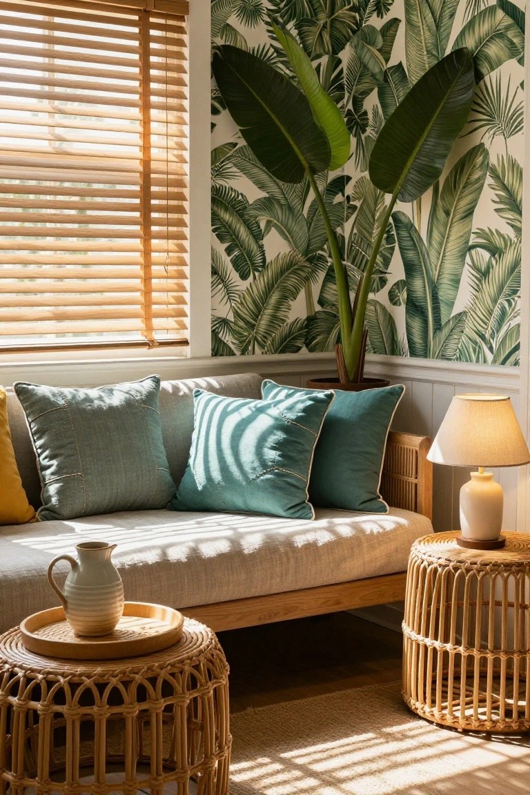 Sunlit indoor corner with palm leaf wallpaper, light daybed piled with teal and yellow pillows, two rattan side tables holding a lamp and pitcher, large potted banana plant, and wooden blinds.