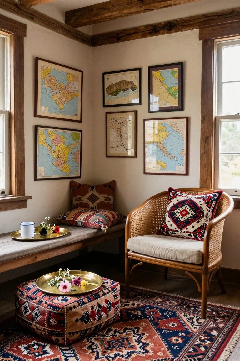 Corner of a light-filled room with exposed wooden beams, large windows, multiple framed vintage maps on walls, wooden bench with cushions and metal tray holding a cup and flowers, rattan armchair with patterned pillows, pouf ottoman with brass tray of flowers, and colorful patterned rug on the floor.