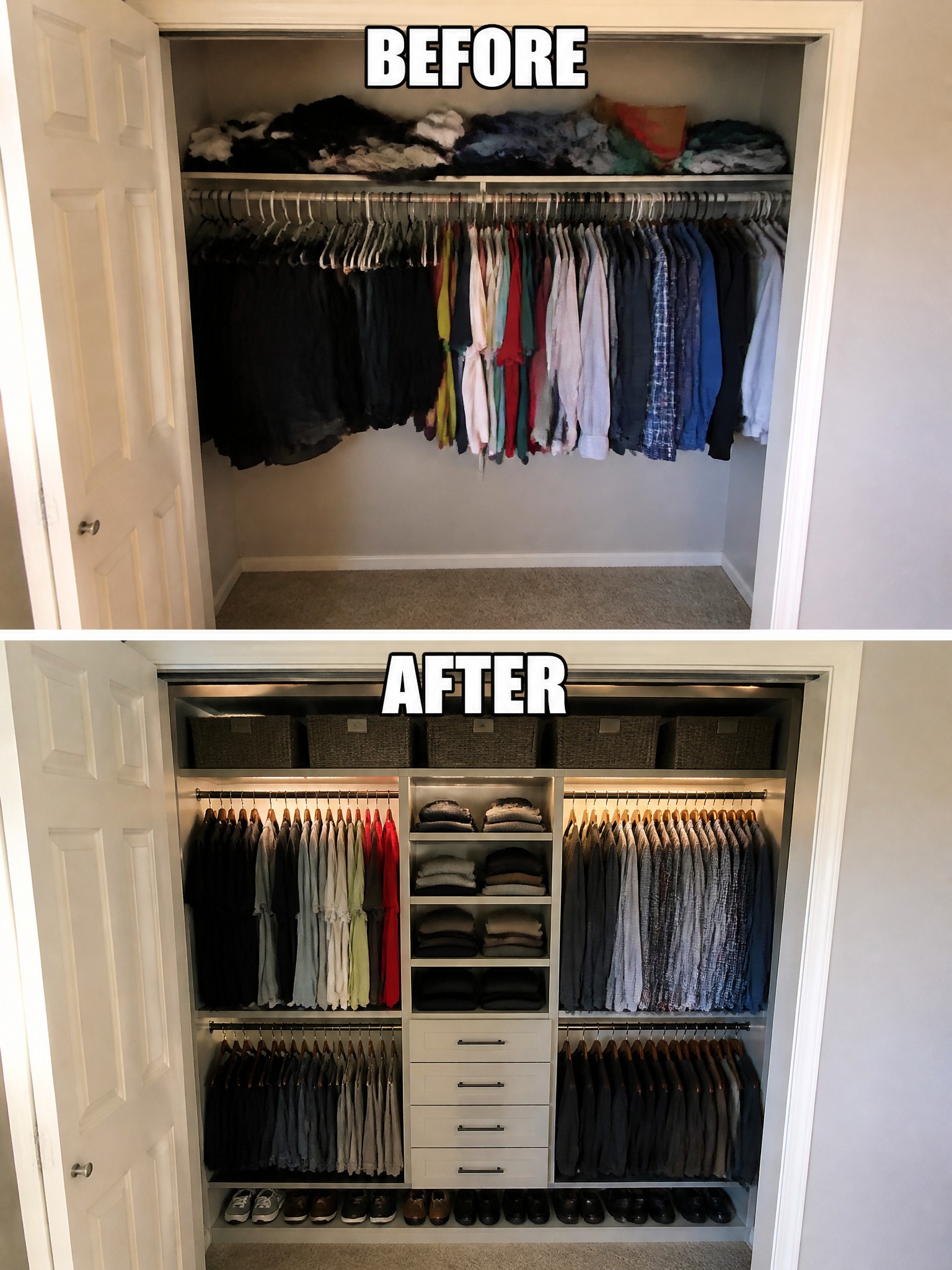 Before-and-after image of a cluttered closet updated with a full organizer system including multiple rods, shelves with bins, drawers, and shoe storage.