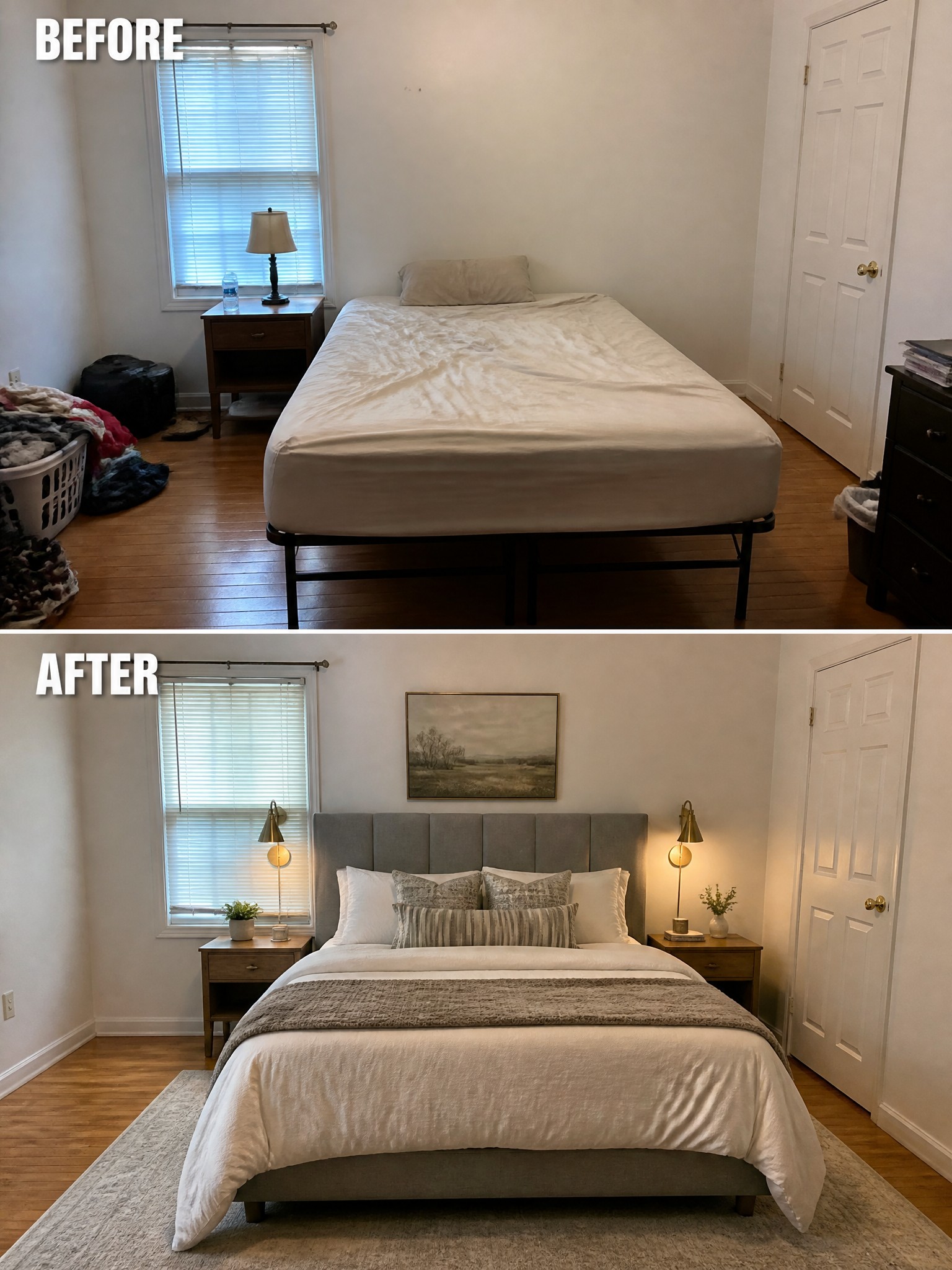 Bedroom transformation: Before shows a bare mattress; after features a styled bed with decor.