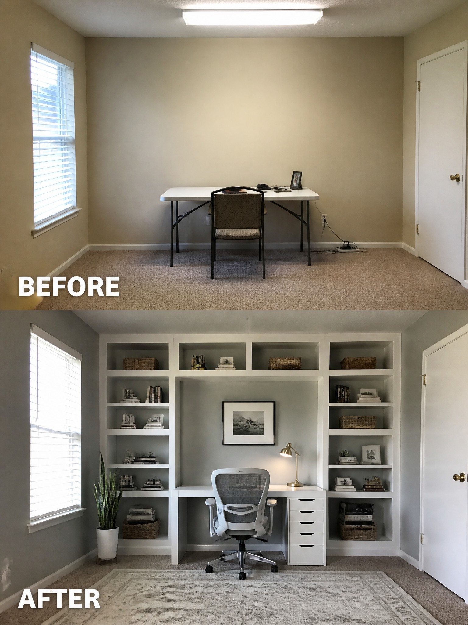 Before and after of an office space transformation with white walls and shelving.