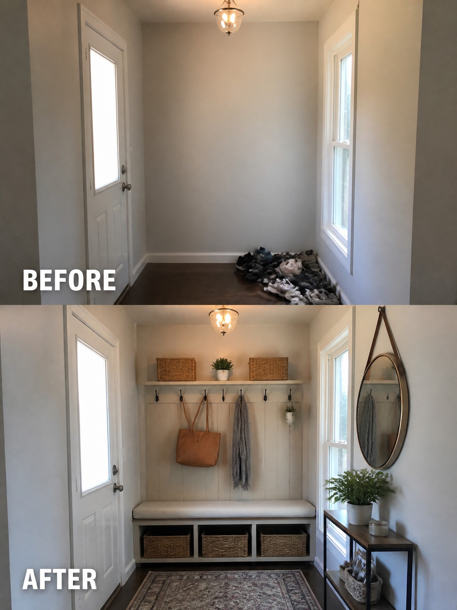 Before-and-after image of a plain entryway transformed with a built-in bench, hooks, shelf, and storage baskets.