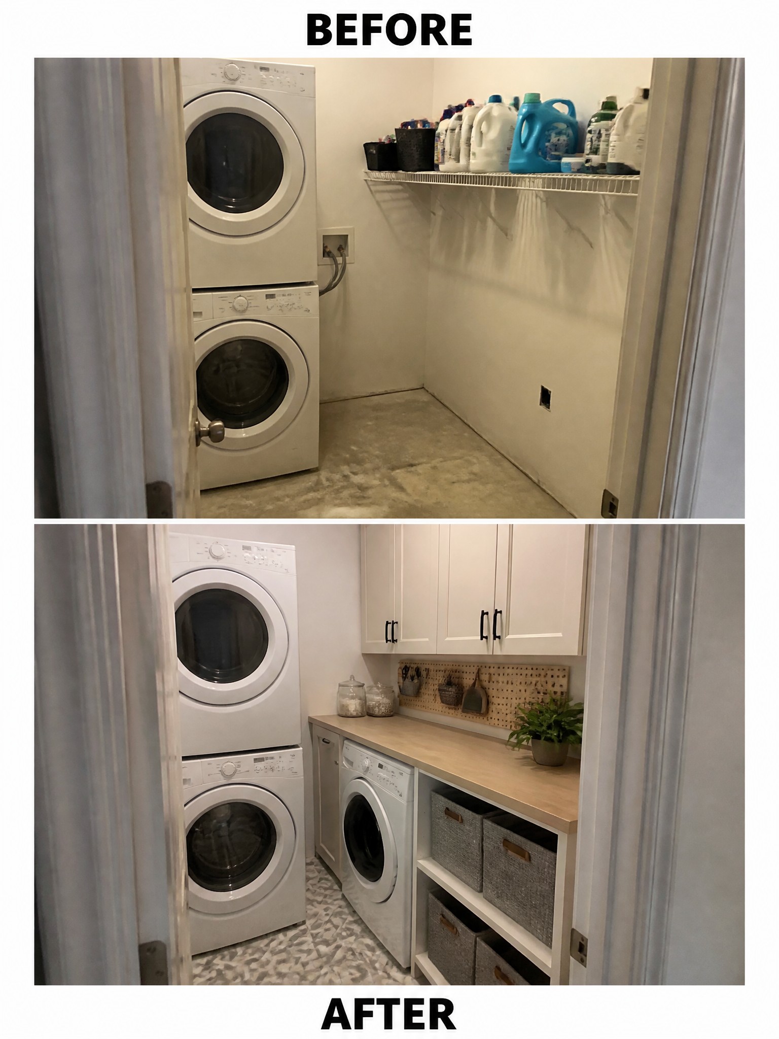 Before-and-after image of a laundry room updated with white cabinets, a wood countertop, pegboard storage, and bins.