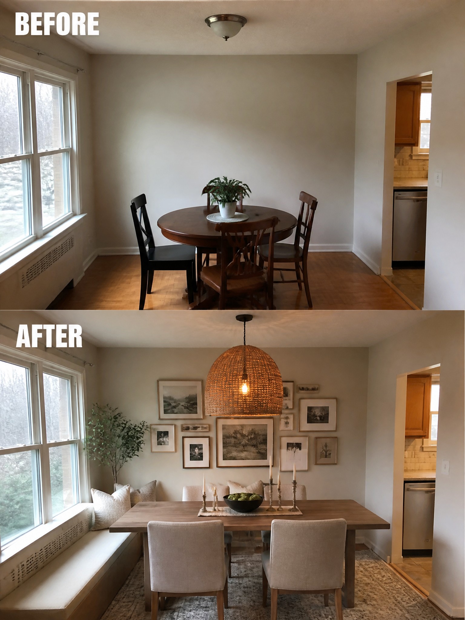 Before-and-after image of a dining room updated with a large woven pendant light, gallery wall, and new rectangular table with upholstered chairs.