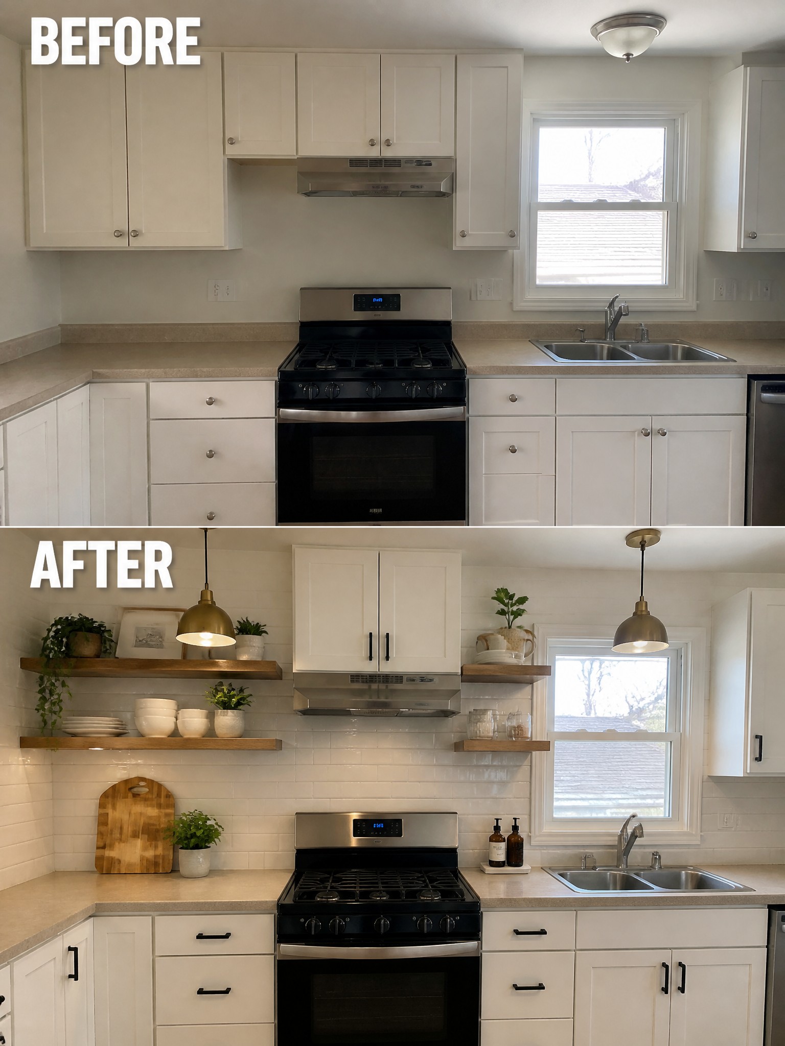 Before-and-after image of a plain kitchen updated with open wooden shelves, pendant lights, and decorative accessories.