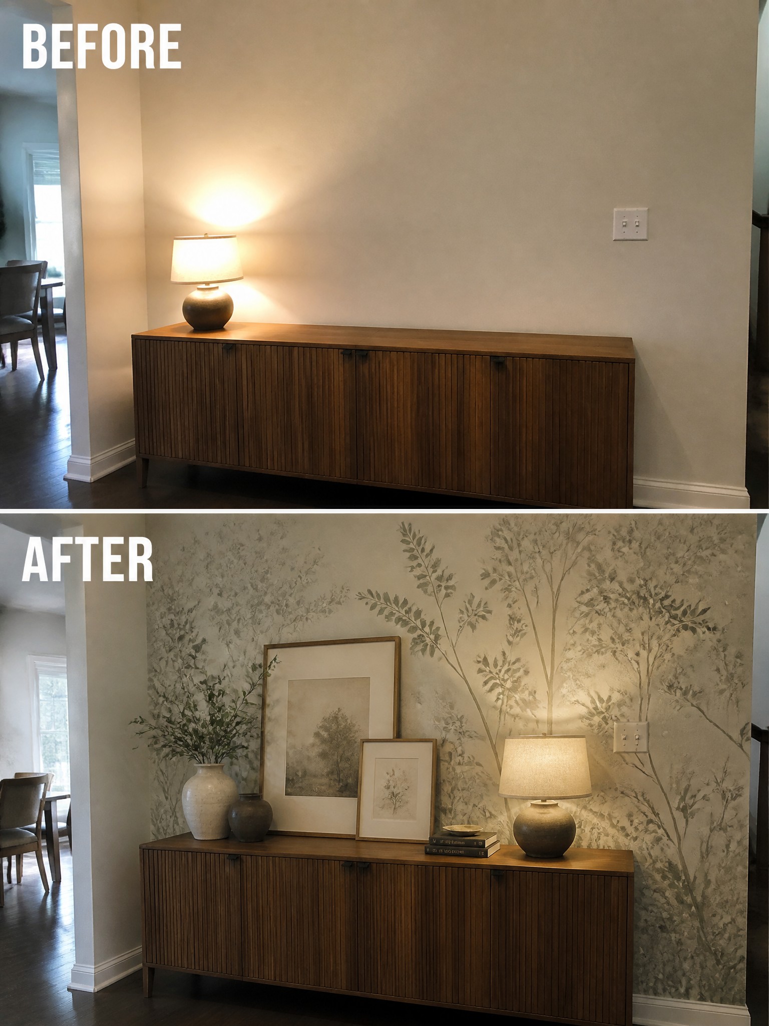 Before-and-after comparison showing a sideboard with a plain wall and a floral mural.